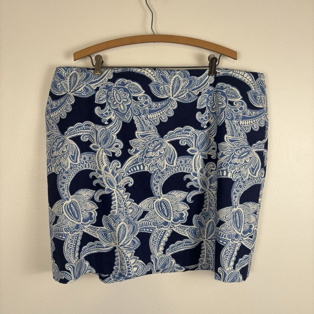 Talbots Womens 20WP Cotton Blend Canvas A-Line Skirt Floral Blue White Side-Zip